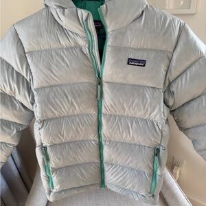 Patagonia Kids High Loft Puffer Jacket - Light Blue/Gray Size Girls XL 14